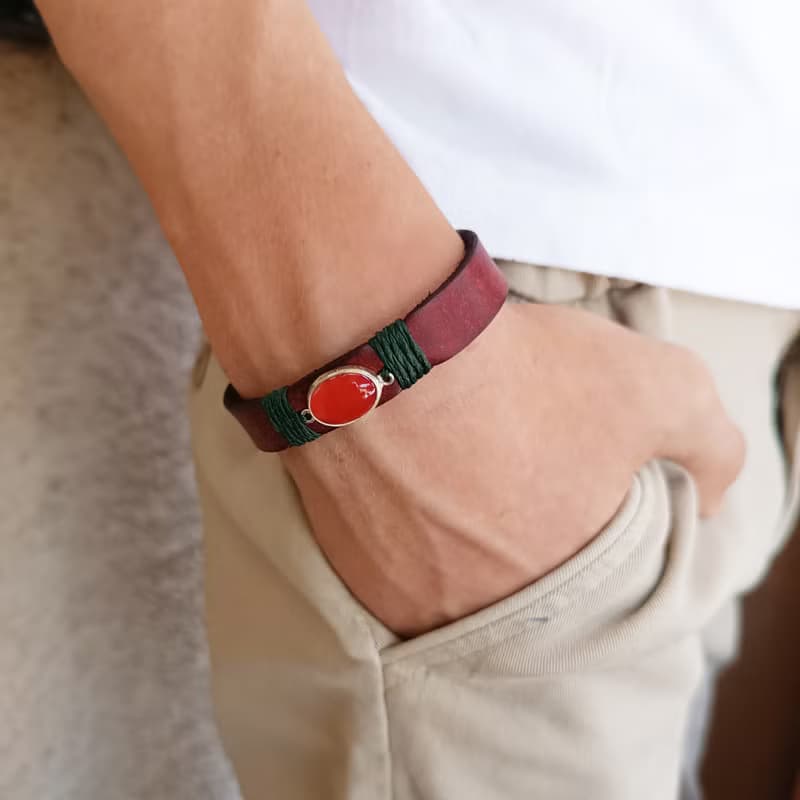 Rooted Glow Cherry Agate Wrap Leather Bracelet - Sterling Silver, Red & Green