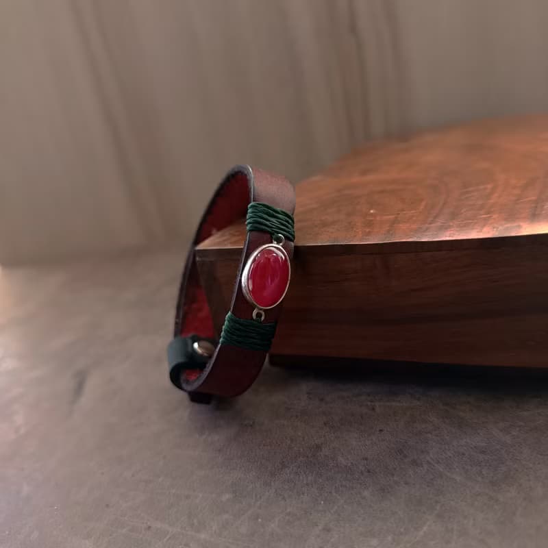 Rooted Glow Cherry Agate Wrap Leather Bracelet - Sterling Silver, Red & Green