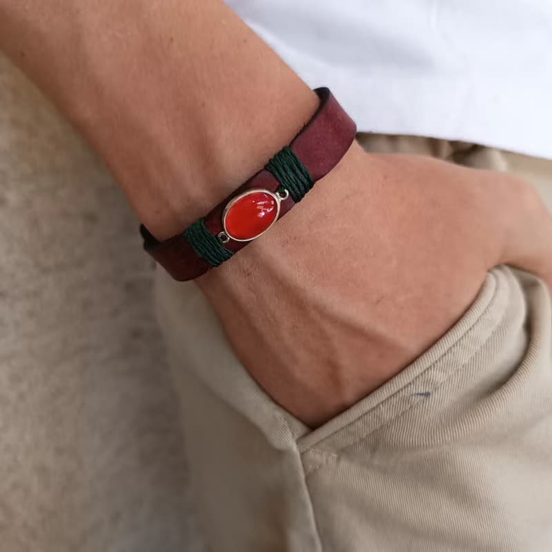 Rooted Glow Cherry Agate Wrap Leather Bracelet - Sterling Silver, Red & Green