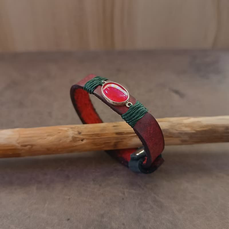 Rooted Glow Cherry Agate Wrap Leather Bracelet - Sterling Silver, Red & Green