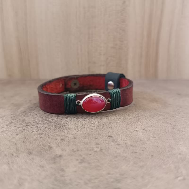 Rooted Glow Cherry Agate Wrap Leather Bracelet - Sterling Silver, Red & Green