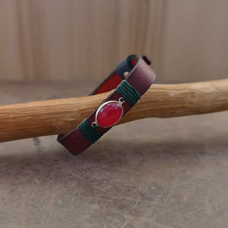 Rooted Glow Cherry Agate Wrap Leather Bracelet - Sterling Silver, Red & Green