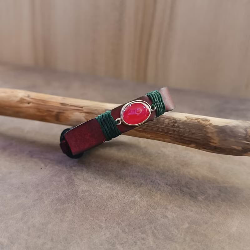 Rooted Glow Cherry Agate Wrap Leather Bracelet - Sterling Silver, Red & Green