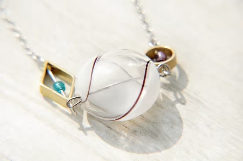 情人節禮物 / 幾何風 / 法式條紋口吹玻璃項鍊 短鏈 長鏈 鎖骨鍊 - 白巧克力 + 幾何黃銅