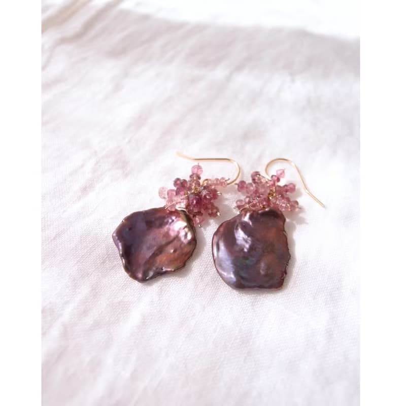【K14gf】BIG Petal Pearl Earrings Tourmaline (mauve)
