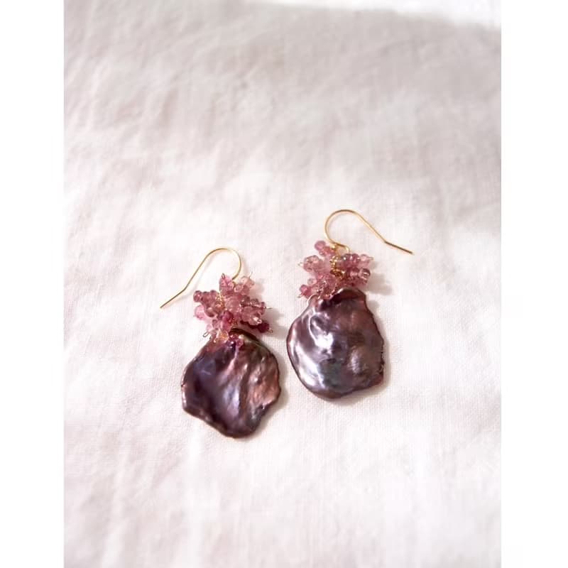【K14gf】BIG Petal Pearl Earrings Tourmaline (mauve)