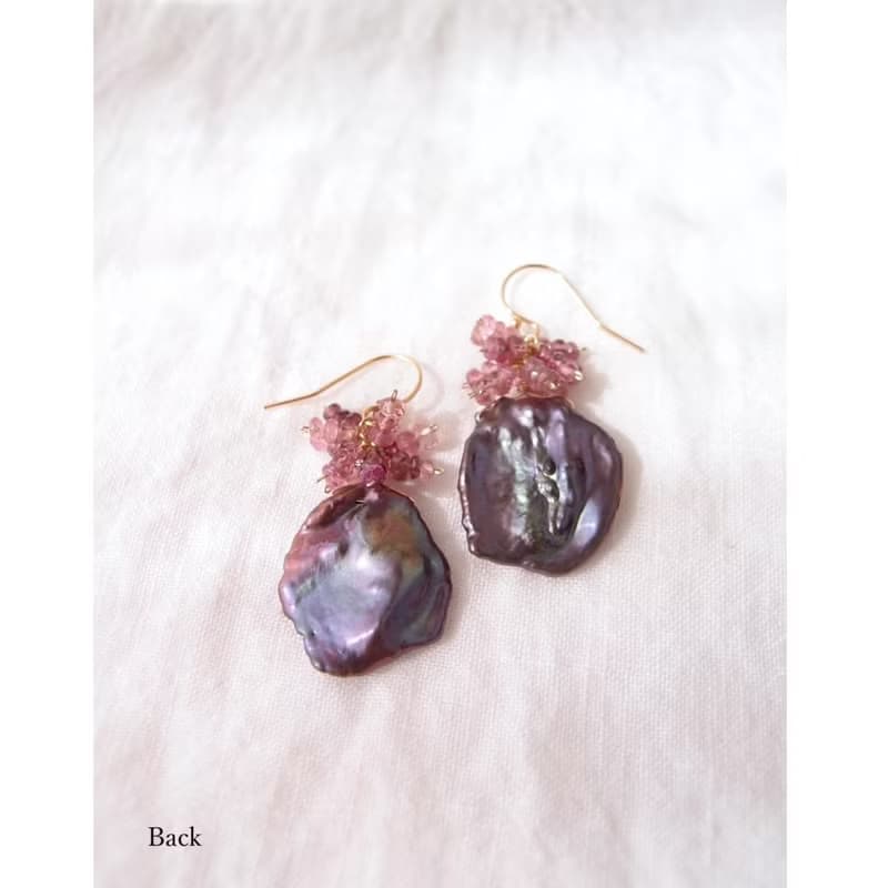 【K14gf】BIG Petal Pearl Earrings Tourmaline (mauve)