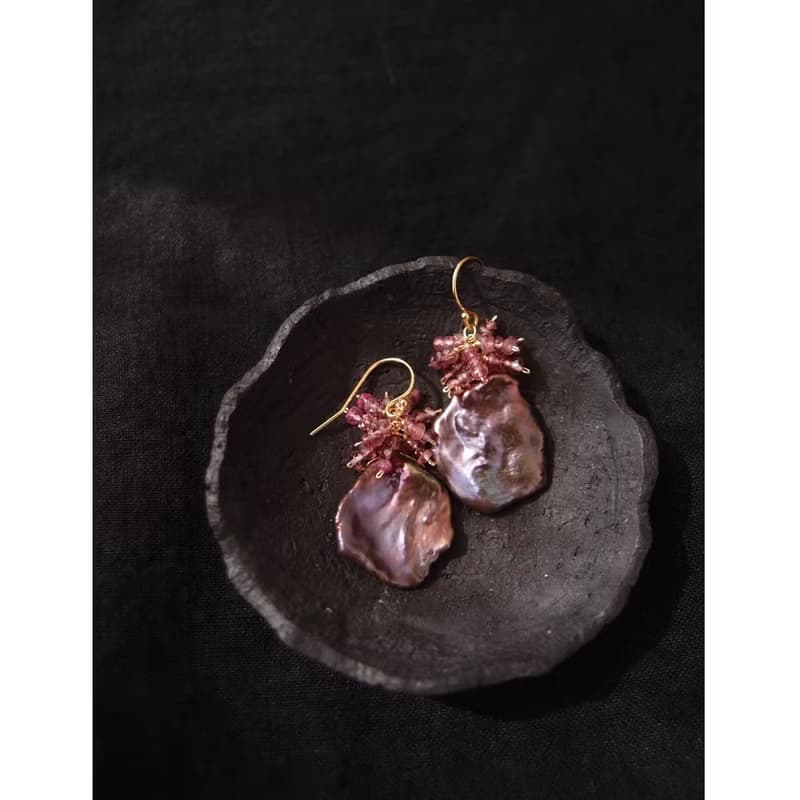 【K14gf】BIG Petal Pearl Earrings Tourmaline (mauve)