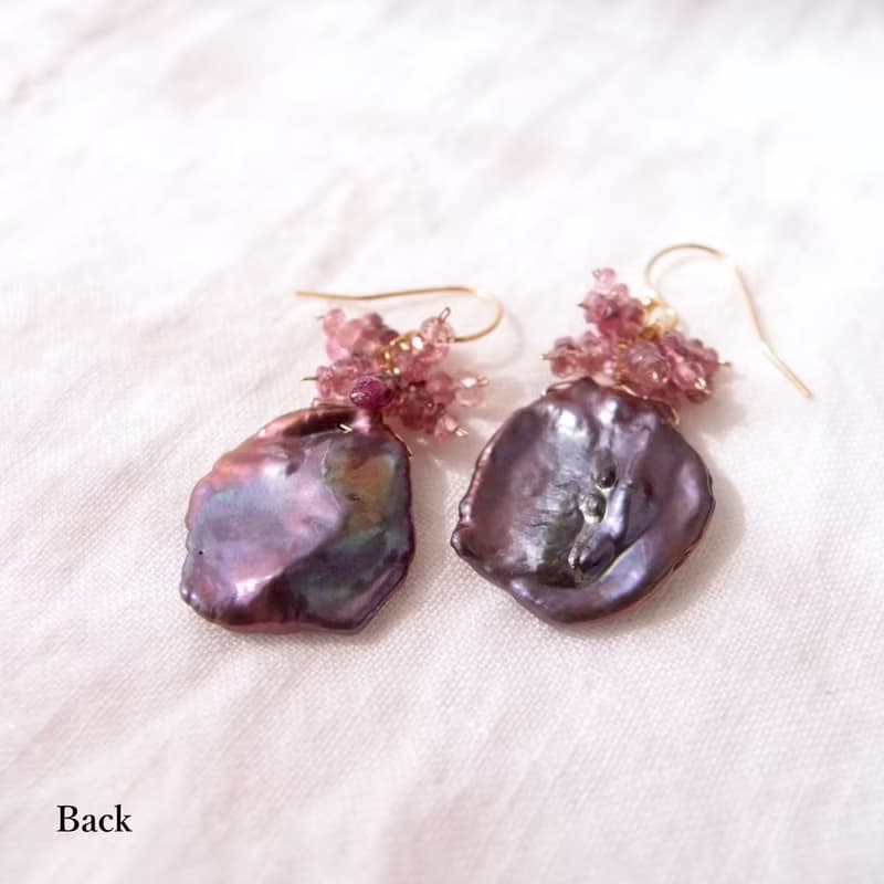 【K14gf】BIG Petal Pearl Earrings Tourmaline (mauve)