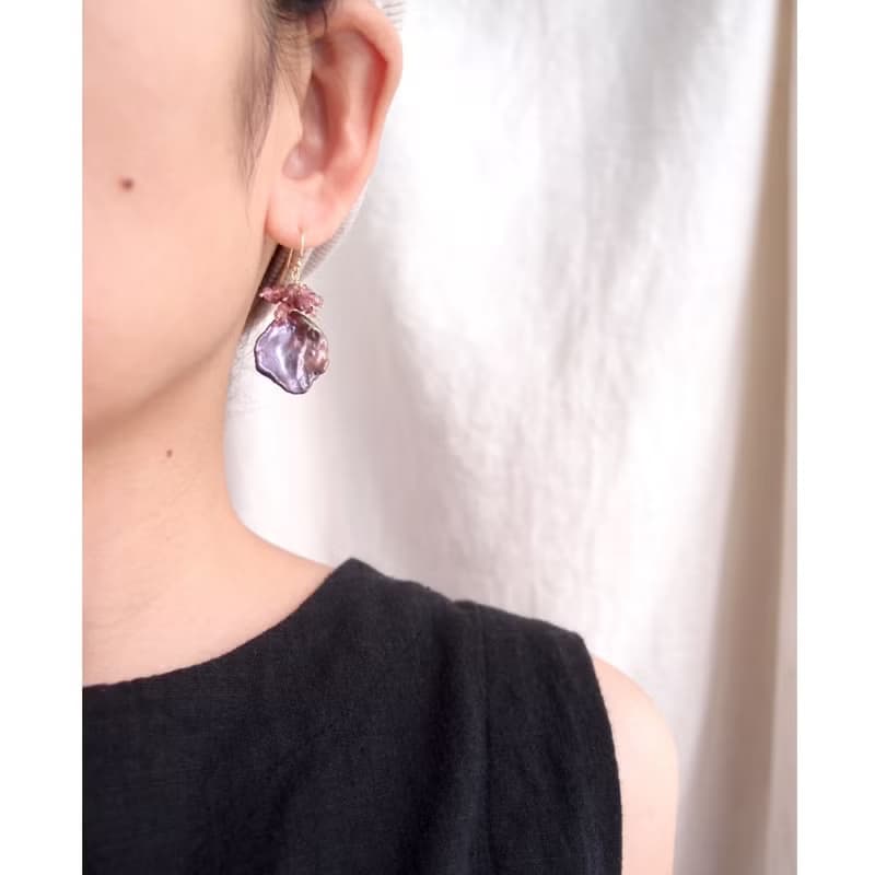 【K14gf】BIG Petal Pearl Earrings Tourmaline (mauve)