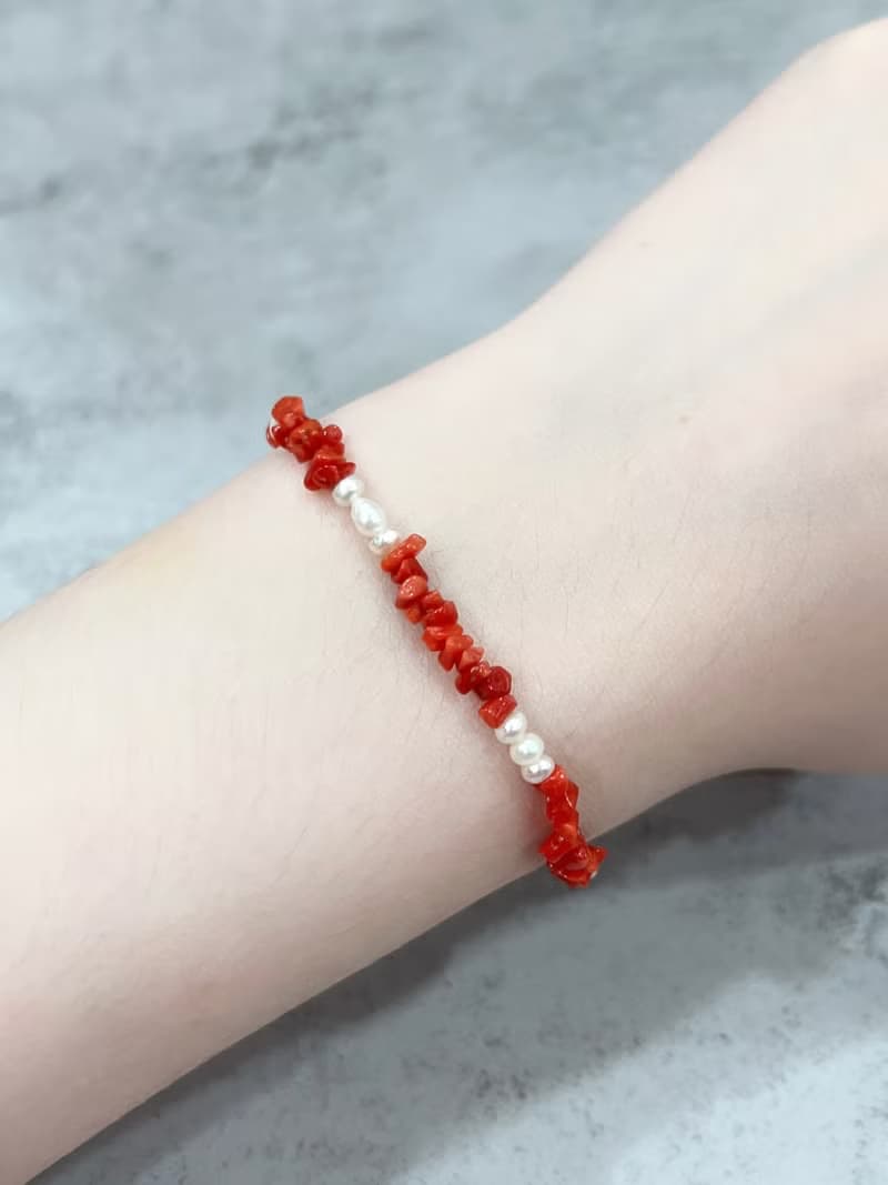 天然珊瑚珍珠手鍊 阿卡紅珊瑚 白色淡水珠 珊瑚手鍊