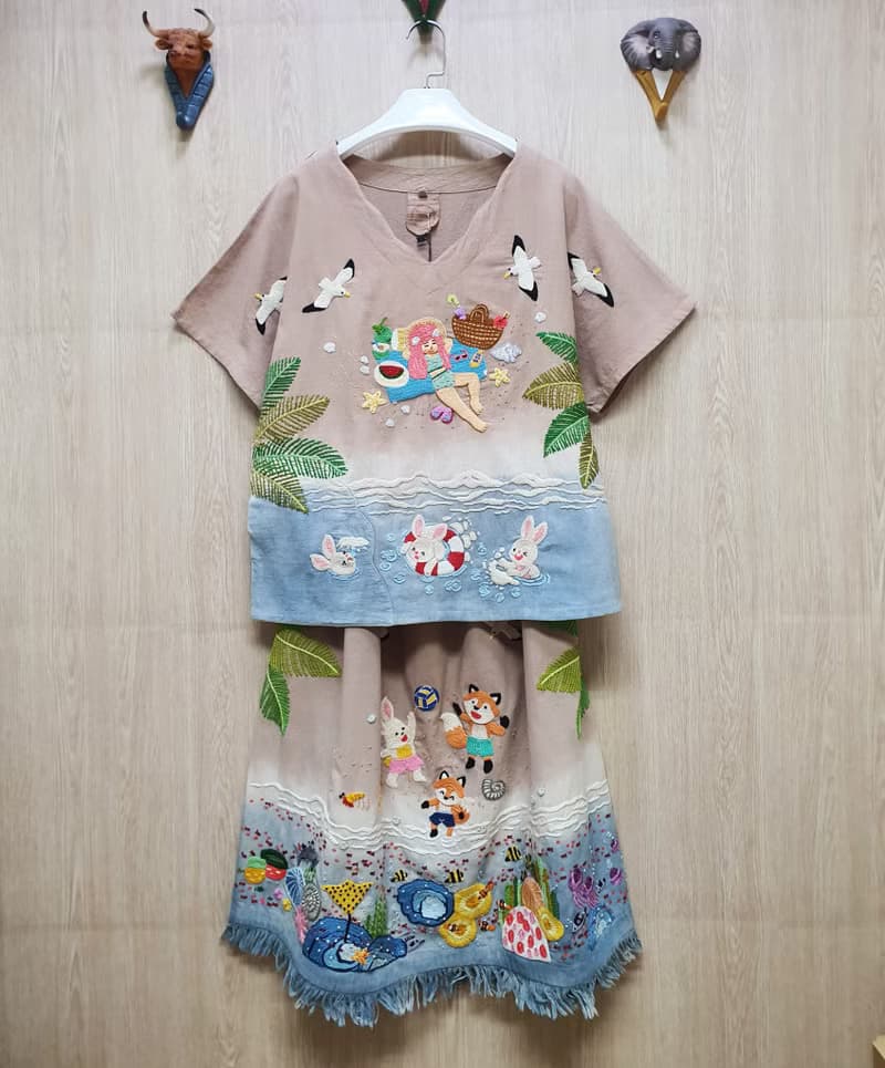 手繡裙 棉布 花卉 兔子 蘑菇 雲朵 彩虹