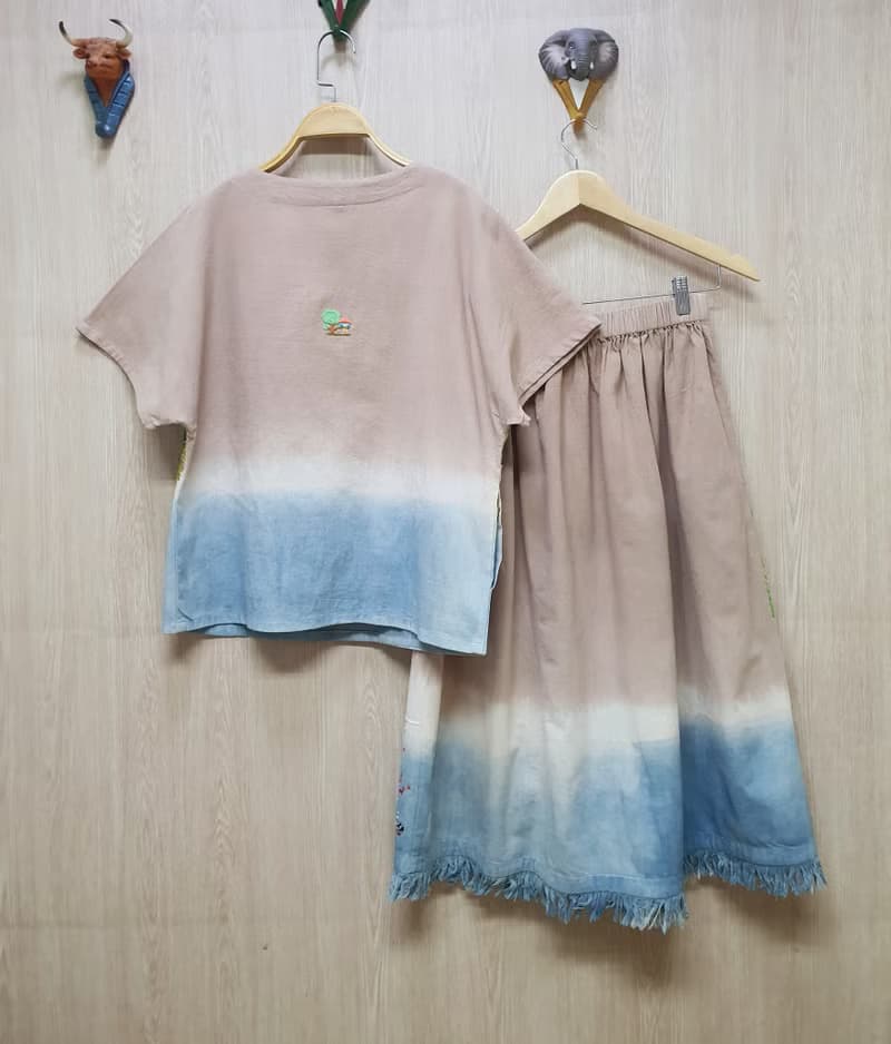 手繡裙 棉布 花卉 兔子 蘑菇 雲朵 彩虹