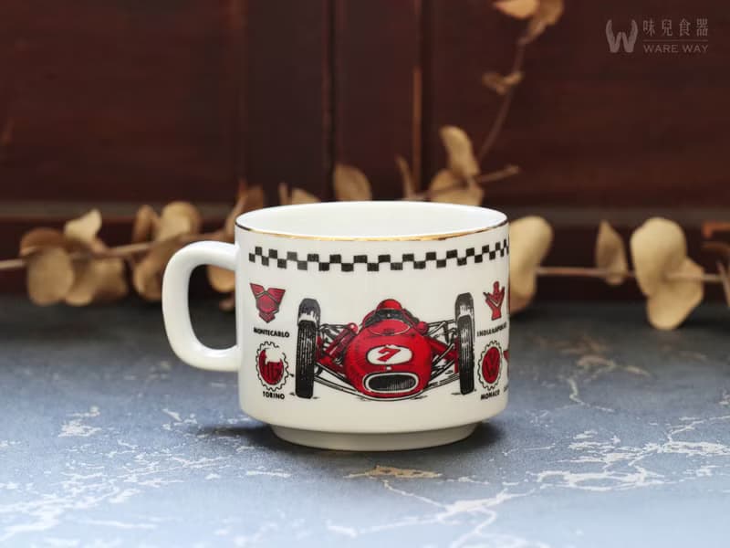 早期印花厚實咖啡杯－賽車手 (餐具/舊物/老件/大同/陶瓷)