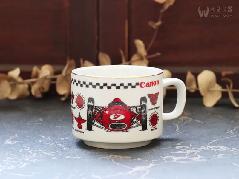 早期印花厚實咖啡杯－賽車手 (餐具/舊物/老件/大同/陶瓷)