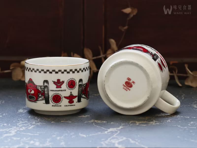 早期印花厚實咖啡杯－賽車手 (餐具/舊物/老件/大同/陶瓷)