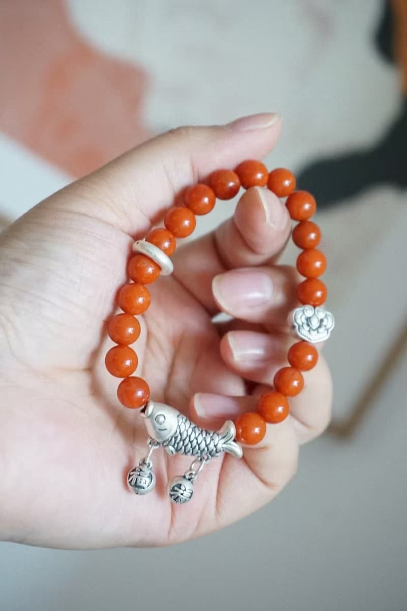 天然滿色滿肉南紅手鏈搭配足銀錦鯉雙福鈴彎管如意鎖跑環好運連連