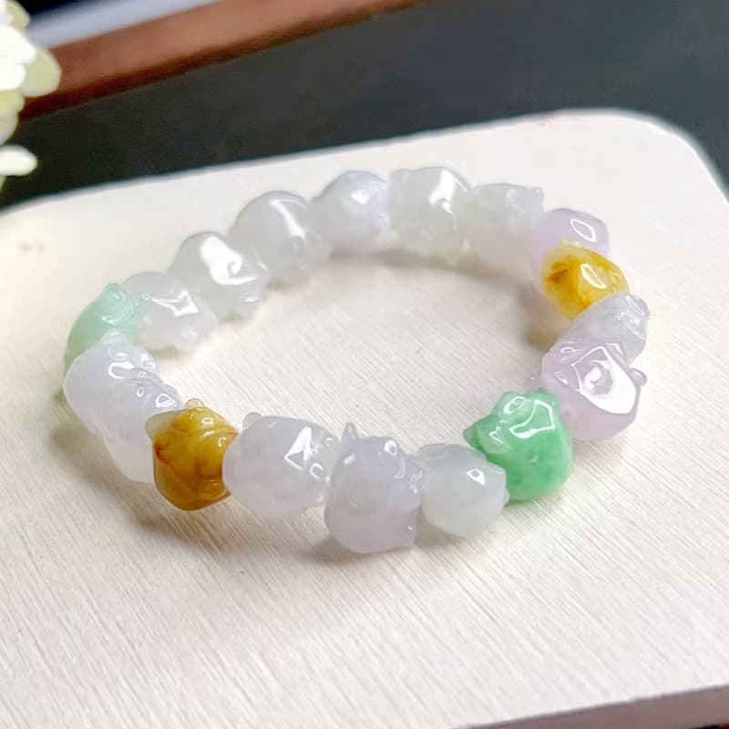冰種多彩翡翠小豬手鍊  | 天然緬甸玉A貨翡翠 | 送禮