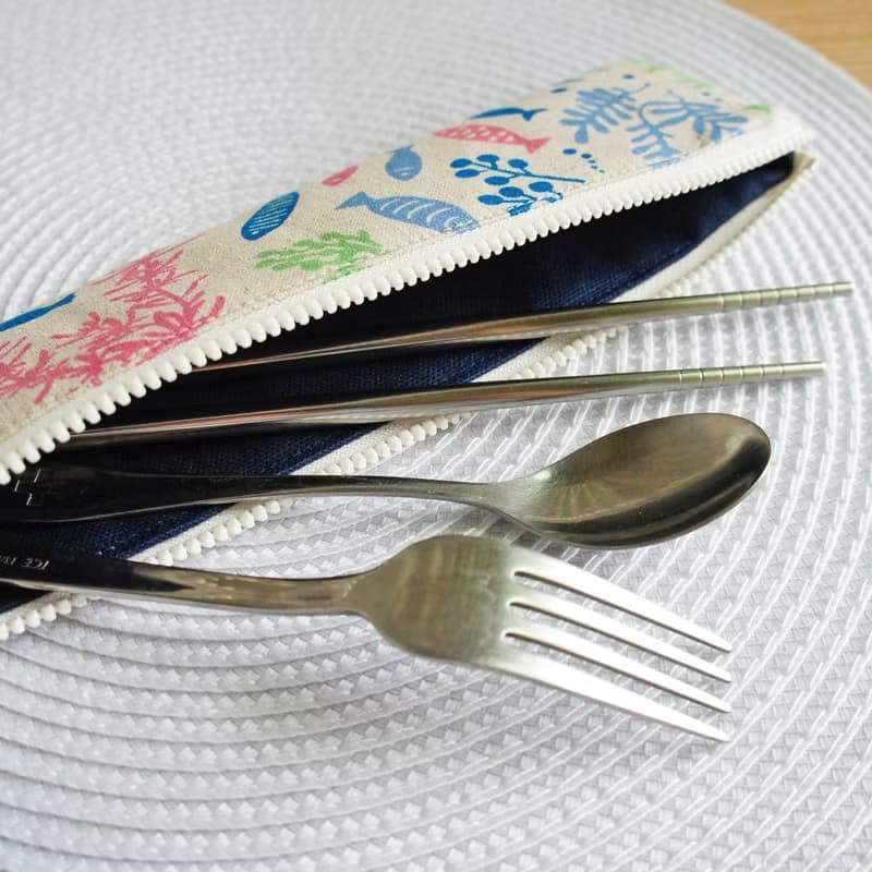 Lovely【日本布】魚水族箱餐具袋、筆袋、麻色、23-24公分筷子