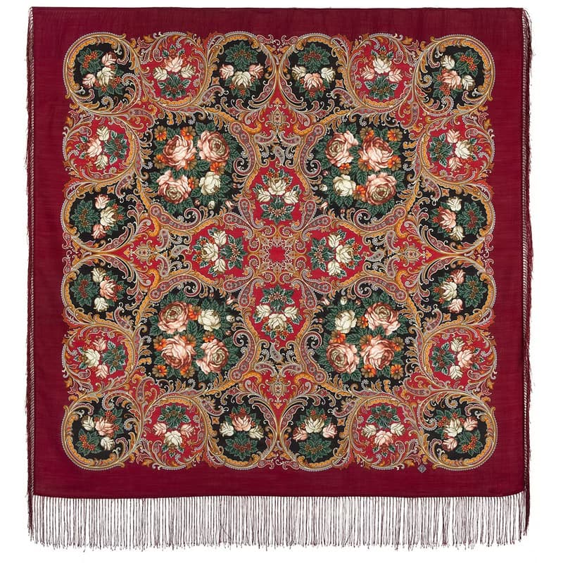 Pavlovo Posad Russian Shawl 100% Wool Scarf 125x125 cm Wrap Silk Fringe 1827-6