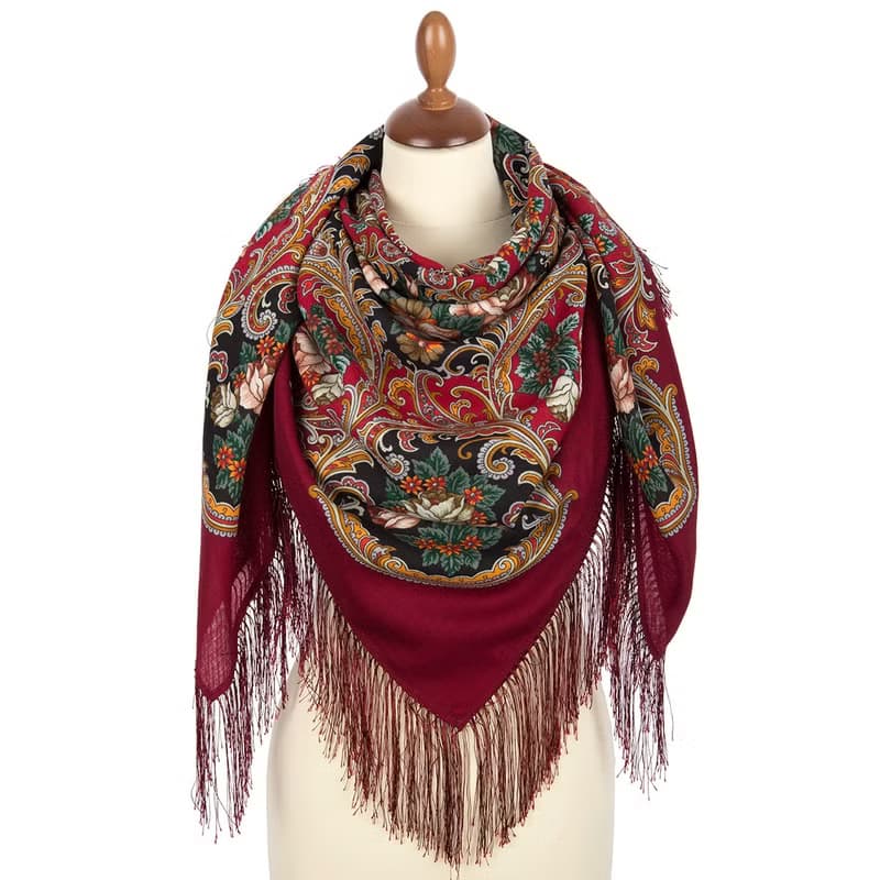 Pavlovo Posad Russian Shawl 100% Wool Scarf 125x125 cm Wrap Silk Fringe 1827-6