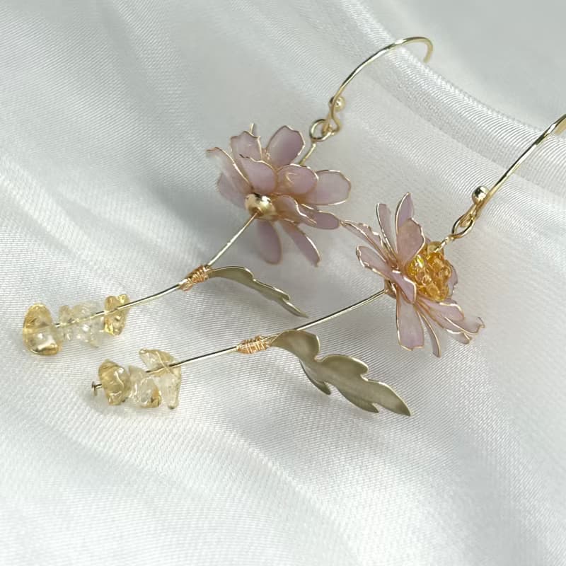 【紫色野菊x黃水晶-水晶花耳環】11月生日花生日石 花言日和
