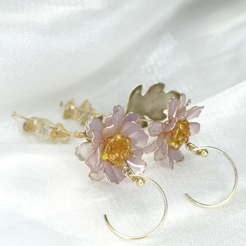 【紫色野菊x黃水晶-水晶花耳環】11月生日花生日石 花言日和