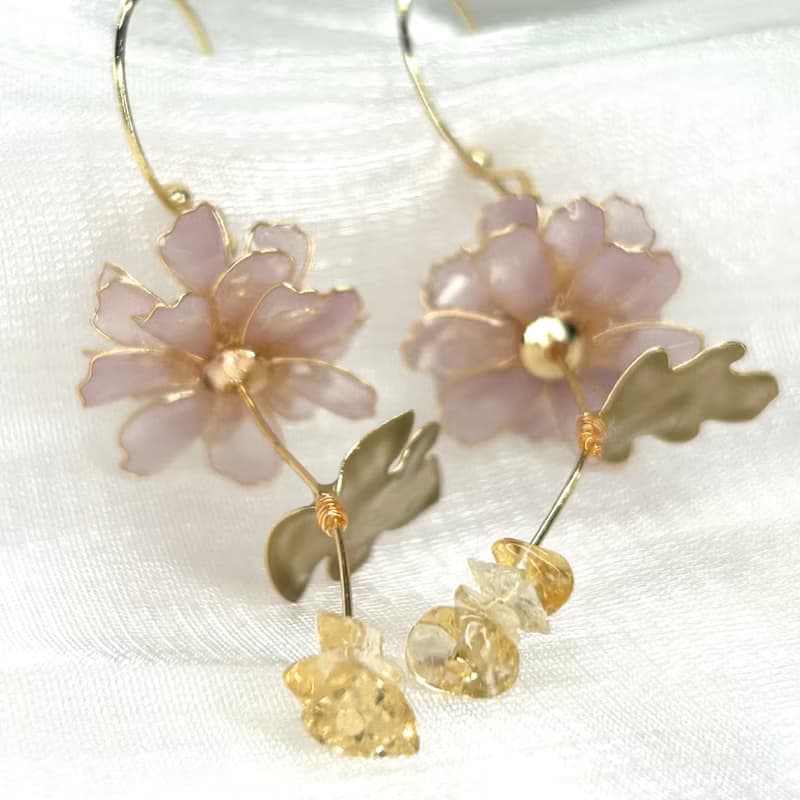 【紫色野菊x黃水晶-水晶花耳環】11月生日花生日石 花言日和