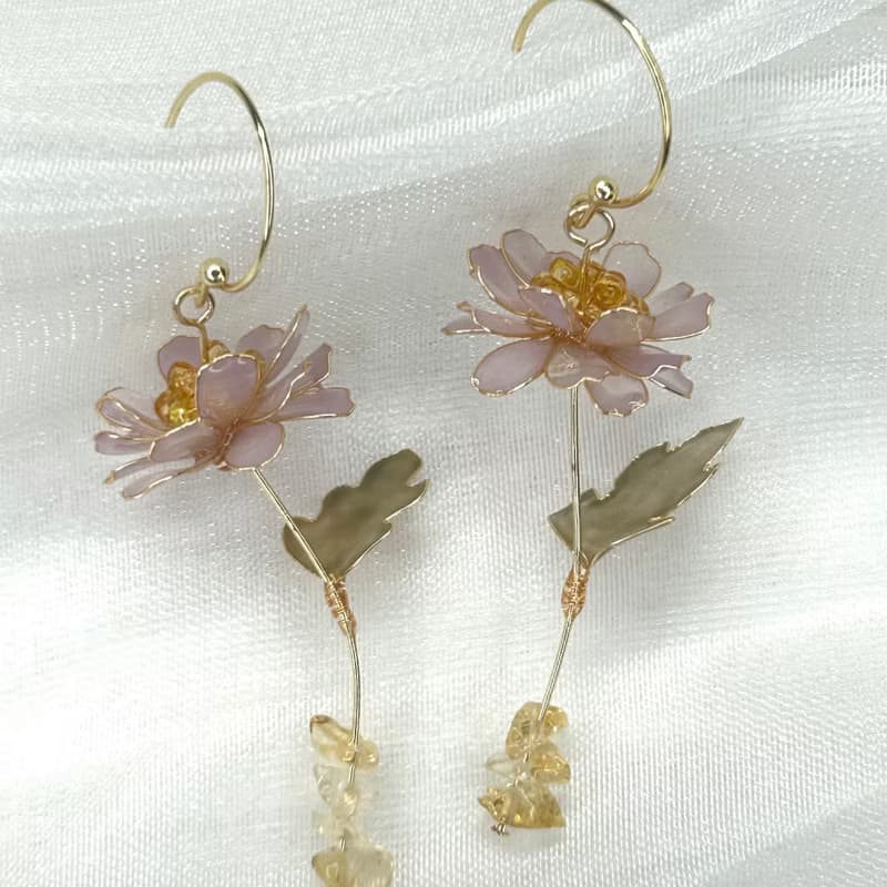 【紫色野菊x黃水晶-水晶花耳環】11月生日花生日石 花言日和