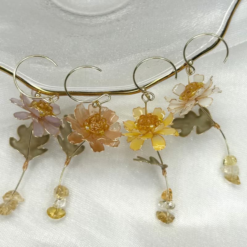 【紫色野菊x黃水晶-水晶花耳環】11月生日花生日石 花言日和