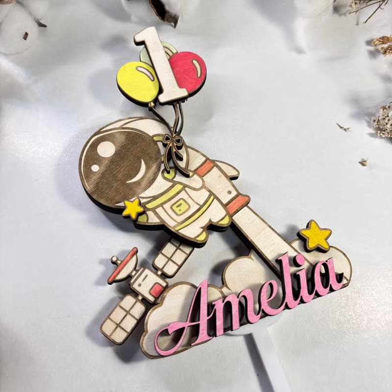 Astronaut Wood Custom Cake Topper - Hand Painted Birthday Keepsake - Custom Name
