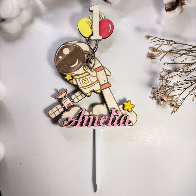 Astronaut Wood Custom Cake Topper - Hand Painted Birthday Keepsake - Custom Name