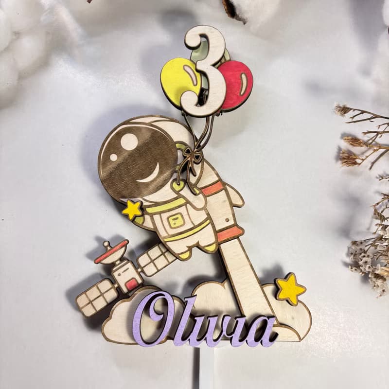 Astronaut Wood Custom Cake Topper - Hand Painted Birthday Keepsake - Custom Name