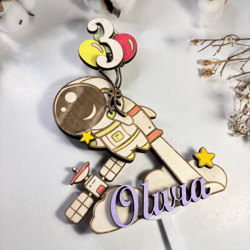 Astronaut Wood Custom Cake Topper - Hand Painted Birthday Keepsake - Custom Name