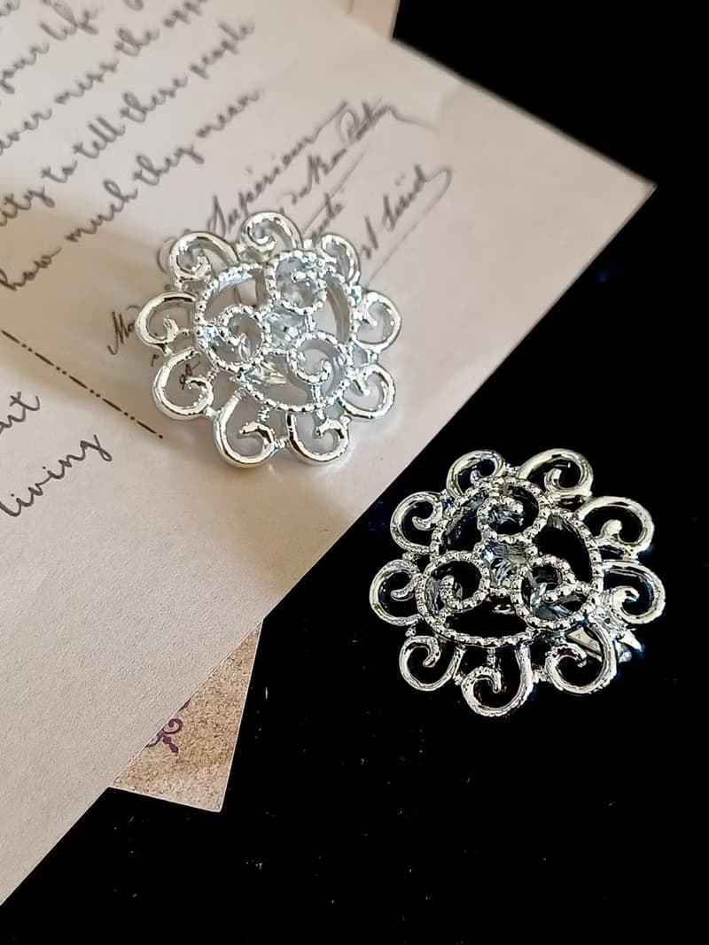 vintage jewelry SARAH COV 亮銀簍空雕花 夾式耳環