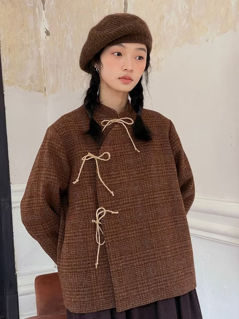 秋冬 羊毛雜色格子 中式立領麻繩綁帶小外套