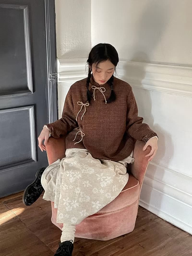 秋冬 羊毛雜色格子 中式立領麻繩綁帶小外套