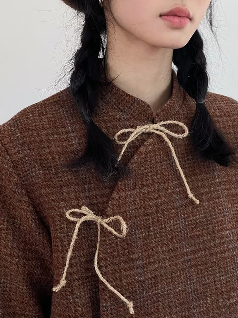 秋冬 羊毛雜色格子 中式立領麻繩綁帶小外套