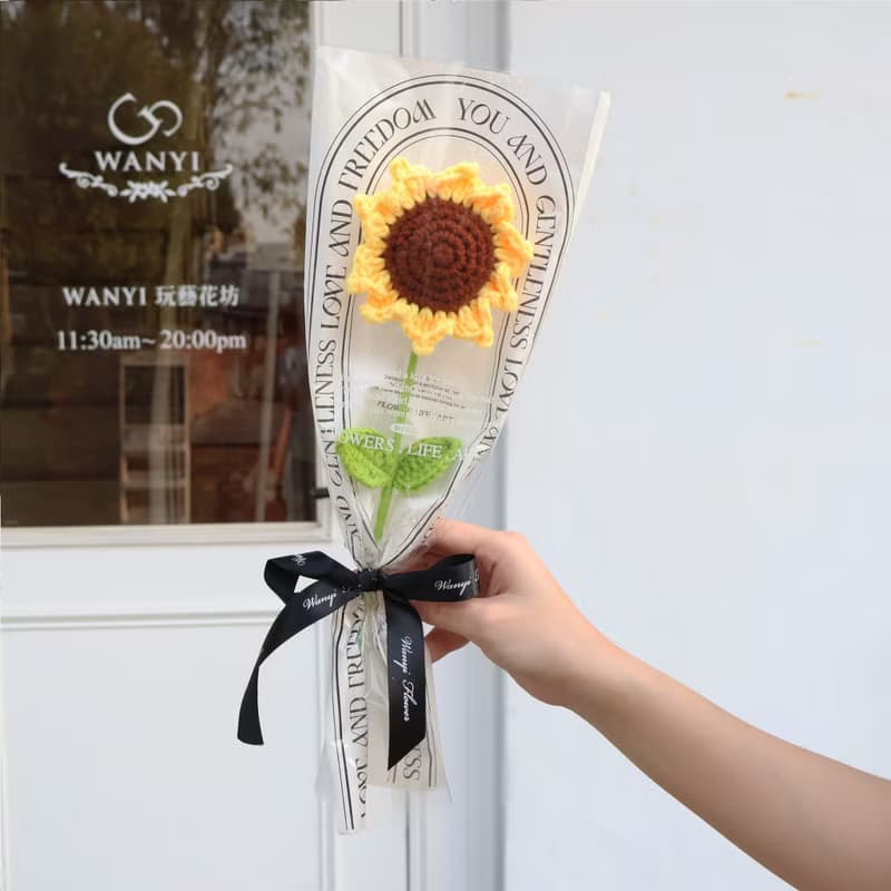 手工毛線編織向日葵單支花束   向日葵 玫瑰花編織花 母親節花束