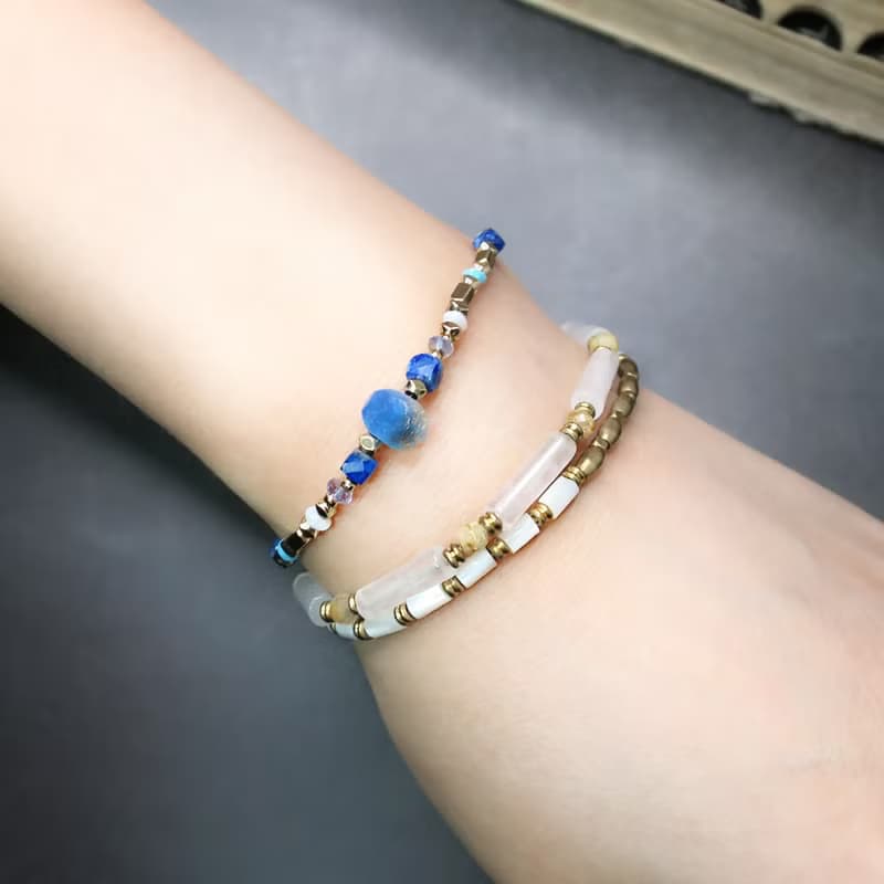 VIIART。矢車菊。貝殼青金石古著金黃銅手鍊| 復古夏日系天然寶石