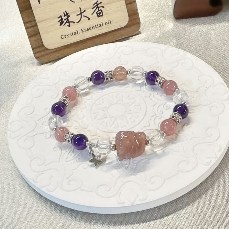 魅影之緣 鹽源瑪瑙九尾狐・紫水晶・草莓晶手鍊 天秤座能量設計