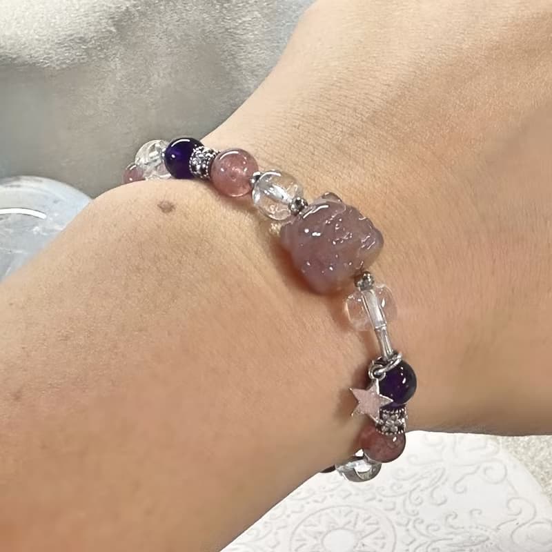 魅影之緣 鹽源瑪瑙九尾狐・紫水晶・草莓晶手鍊 天秤座能量設計