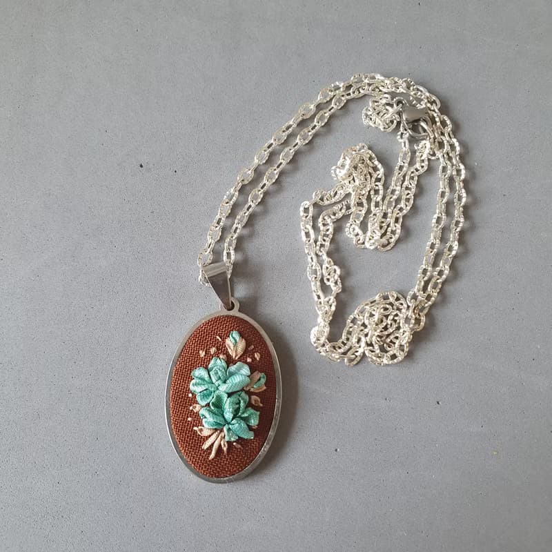 Ribbon embroidered pendant floral turquoise bouquet