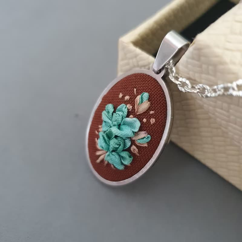Ribbon embroidered pendant floral turquoise bouquet