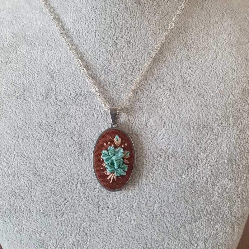 Ribbon embroidered pendant floral turquoise bouquet