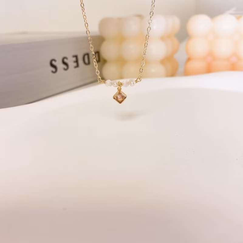 詠花 天然珍珠 白水晶 鋯石天然石可調節項鍊鎖骨鍊