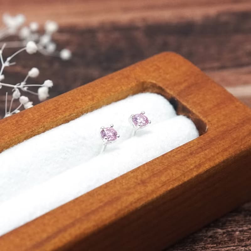 櫻花粉 圓形純銀 3mm 單鑽耳環 爪鑲 925純銀 女生耳環 男生耳環