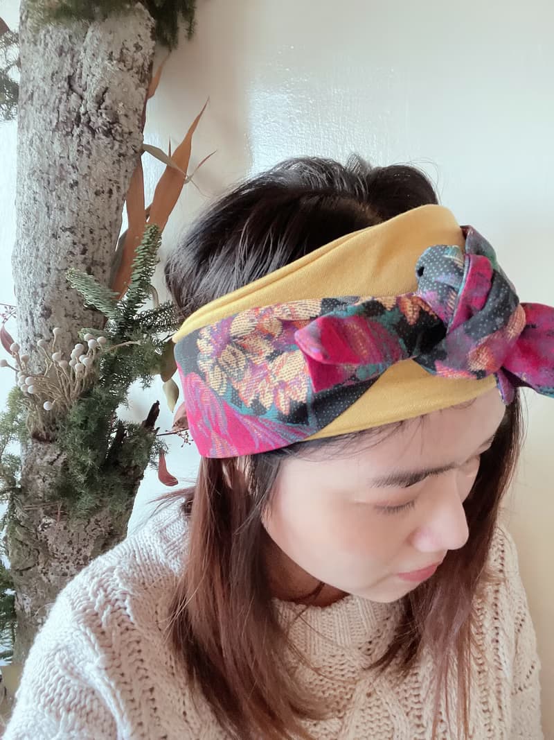 雙層超寬版髮帶  桃紅花織紋圖案髮帶