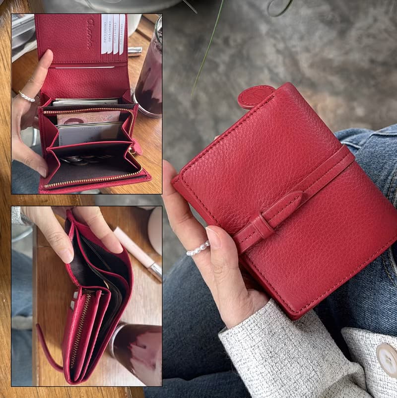 Charlotte 真牛皮摺疊錢包/短夾 : 巧克力色