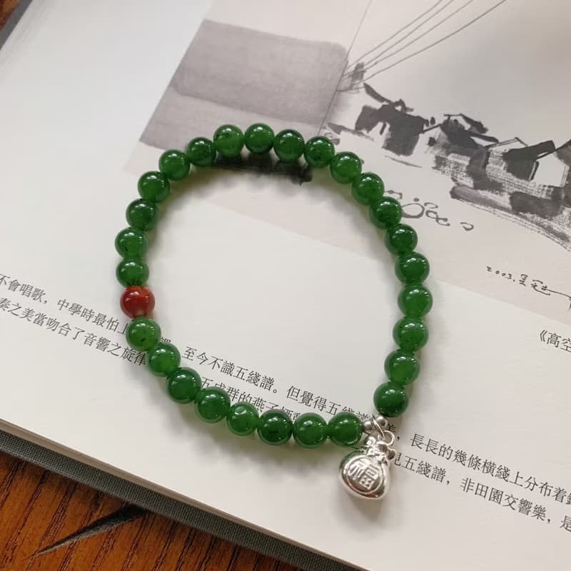 青山如是。俄羅斯碧玉手鏈 南紅純銀福袋掛墜6mm玉石古風好運手串